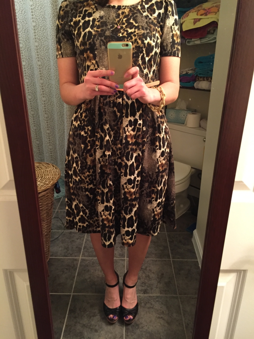 The Amelia Dress from LuLaRoe $65. It has pockets, too! Click here for the wedges and bracelet info.